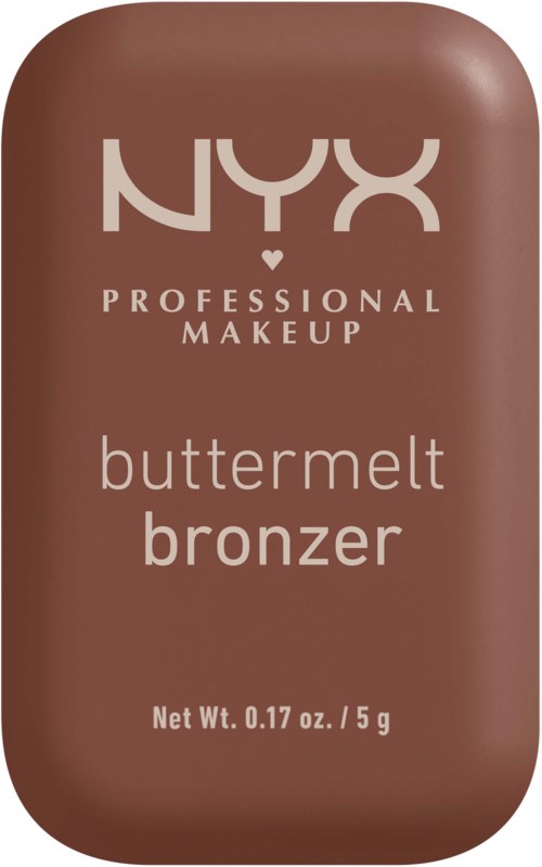 Ein kleiner, brauner Make-up-Behälter zeigt das NYX Professional Makeup Buttermelt Bronzer Label.