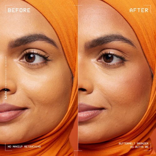 Seitenansicht mit Hautverbesserung nach Verwendung eines Schönheitsprodukts. Kein Make-up, nur Hautpflege. Frau mit orangefarbenem Kopftuch.