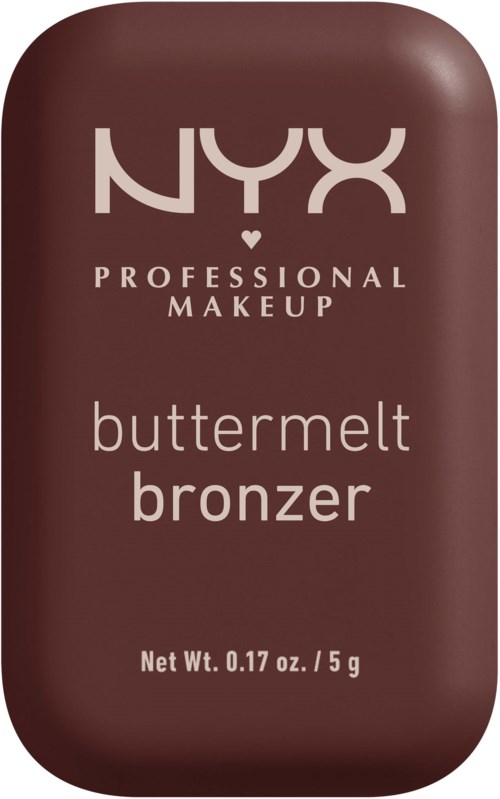 A small, rectangular, brown makeup product labeled NYX Professional Makeup buttermelt bronzer, weighing 0.17 oz (5 g).