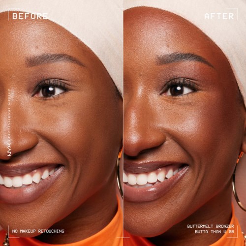 A side-by-side comparison showing a woman's face before and after using a bronzer, smiling warmly.