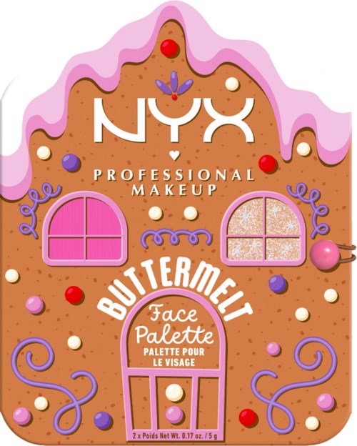 Illustratie van een gingerbread koekje versierd met roze glazuur, kleurrijke snoepjes en raamontwerpen, reclame voor NYX make-up.