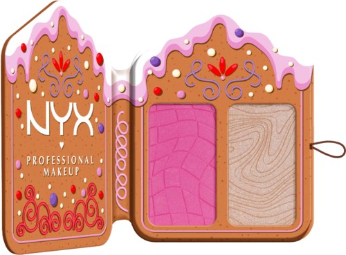Een speelgoed make-up set dat op een gingerbread koekjesdoos lijkt, met vakken voor roze en beige blush, versierd met glazuur en snoepjes.