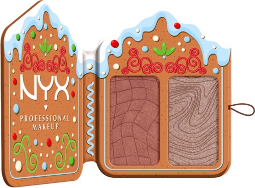 Een NYX make-uppaletten die eruitziet als een peperkoekhuis met rode, groene en witte decoraties en twee oogschaduwkleuren binnen.