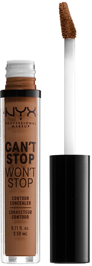 Ett concealer-rör med borstapplikator, märkt NYX, visar ljusbrun färg och svart lock.