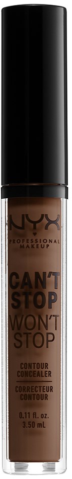 En tub med NYX Can't Stop Won't Stop contour concealer med svart lock och transparent kropp som visar produkten inuti.
