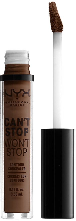 En tub med NYX concealern med en svepapplicator, visar mörkbrun färg och svart lock.