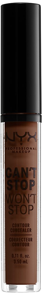 En NYX contourprodukt i ett tydligt rör med svart lock, innehållande brunt flytande smink.