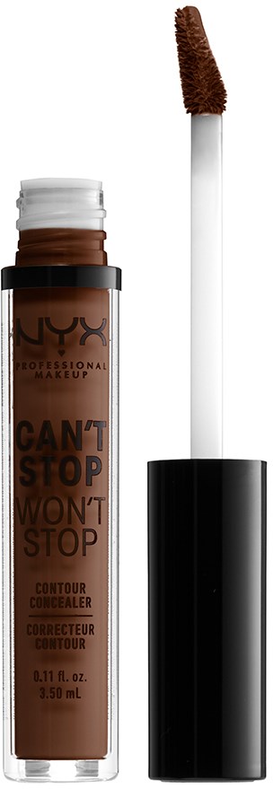 En brun flytande contourconcealer i ett transparent rör med en vit och brun applikatorborste.