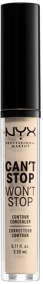 En flaske med NYX Can't Stop Won't Stop contour concealer mot en svart bakgrunn.