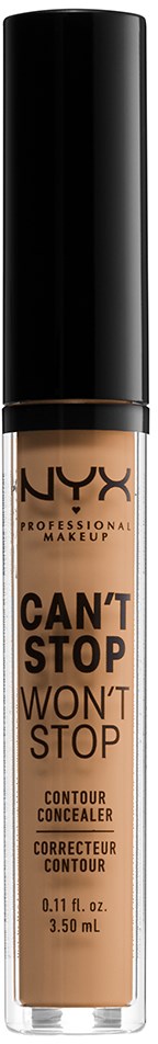 Een NYX contourconculixerfles met zwarte dop, beige vloeistof binnen, genaamd "Can't Stop Won't Stop".