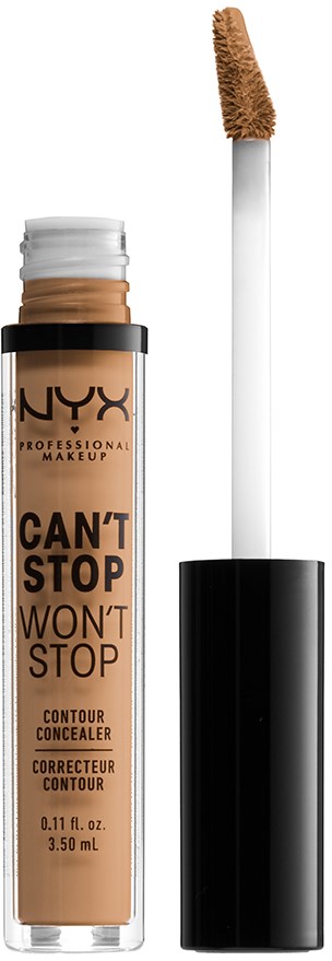 Een tube NYX concealer met applicator en zwarte dop, laat het product buiten de tube zien.