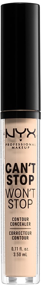 En beige NYX contour concealer med svart kork, merket "Can't Stop Won't Stop" og "Contour Concealer."
