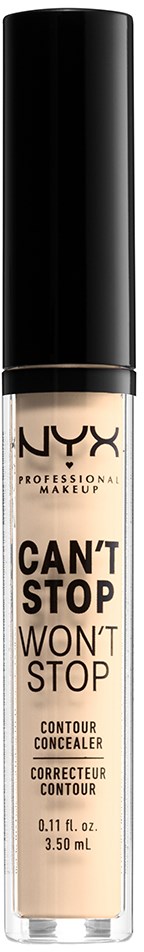 En beige tube med svart lock, märkt NYX Can't Stop Won't Stop Contour Concealer.