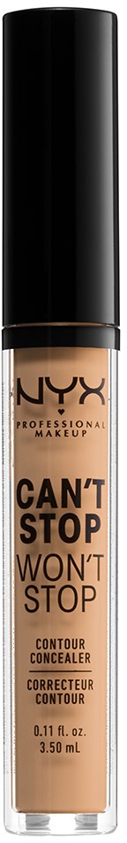 En flaska av NYX CANT STOP WON'T STOP contour concealer med svart lock mot en svart bakgrund.