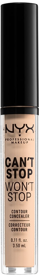 Een tube NYX contourconaler met zwarte dop en beige vloeistof binnen.