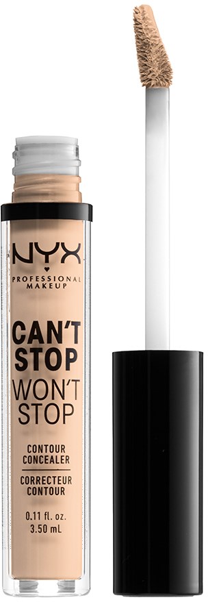 Een NYX concealer tube met een applicator, beige liquid inside, zwart deksel, gelabeld als contour concealer.