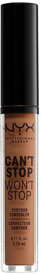 En NYX konturkonsentrat-flaske med svart lokk og beige væske inni.