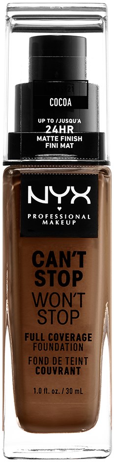NYX-meikkivoide, jossa lukee 'Can't Stop Won't Stop', ja kerrottu sävystä ja mattapintaisuudesta.