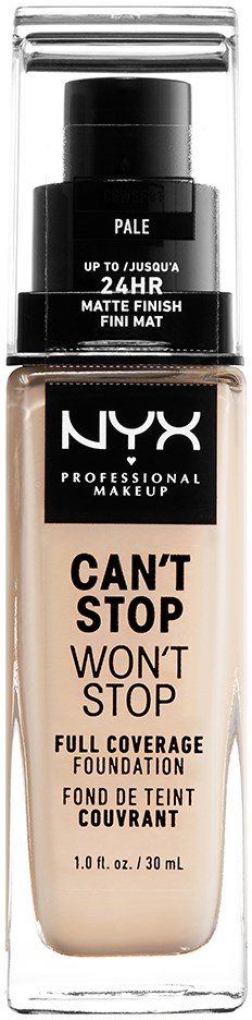 En flaska av NYX foundation märkt 'CAN'T STOP WON'T STOP' med full täckning och matt yta.