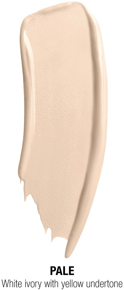 En smet av ljus beige smink med gul underton märkt 'PALE'.