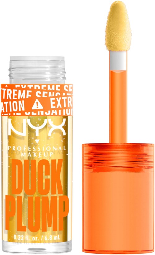 Doorzichtige container met felle oranje label en een gele sponsapplicator op een stok. Het product is waarschijnlijk make-up.