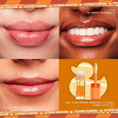 Een collage toont lippen voor en na opvulling, met een oranje lipgloss fles en tekst over "extreme plumping".