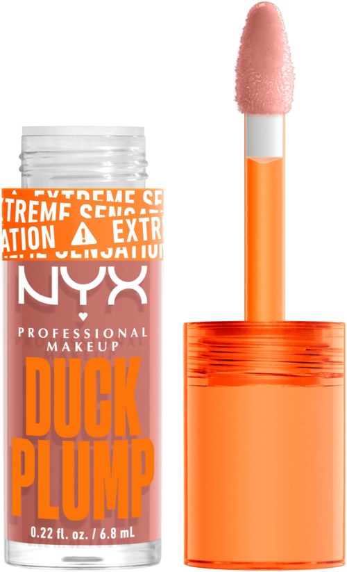 Lipgloss tube met 'Duck Plump' label, oranje dop en roze applicator erboven.