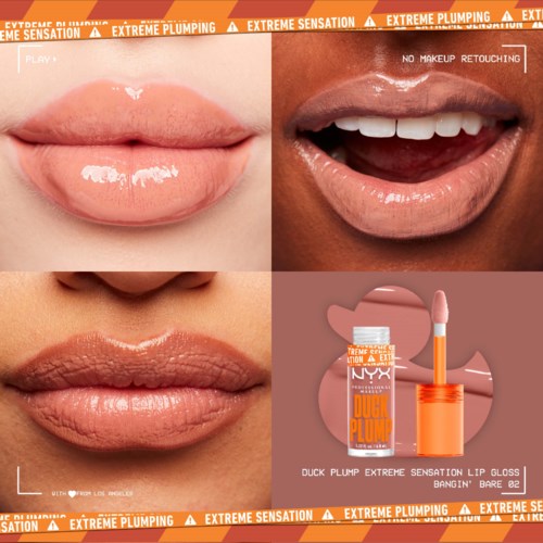 Close-up of lips with nude lipstick and gloss, showcasing different lip makeup looks and textures on various skin tones.