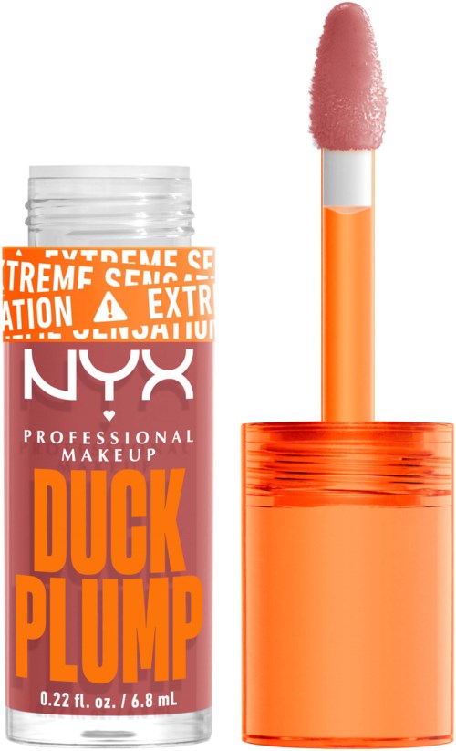 Lippenbalsem met oranje container en roze applicatorborstel. Het product heet Duck Plump van NYX. Noodwaarschuwing.