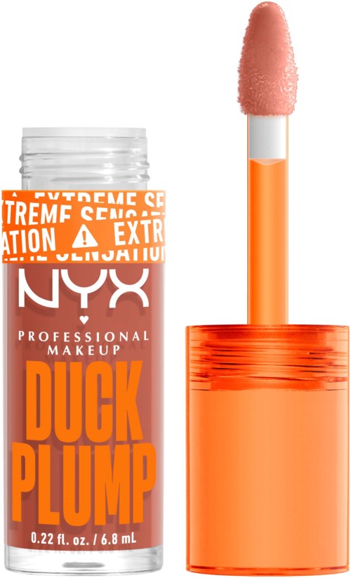 Een lipglossfles met een oranje dop en een zachte roze applicator. Het label geeft aan dat het NYX Duck Pump is, een make-upproduct.
