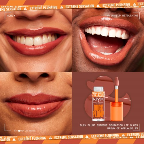 Nahaufnahmen von lachenden Lippen und einem Lippenstift namens Duck Plump Extreme Sensation.