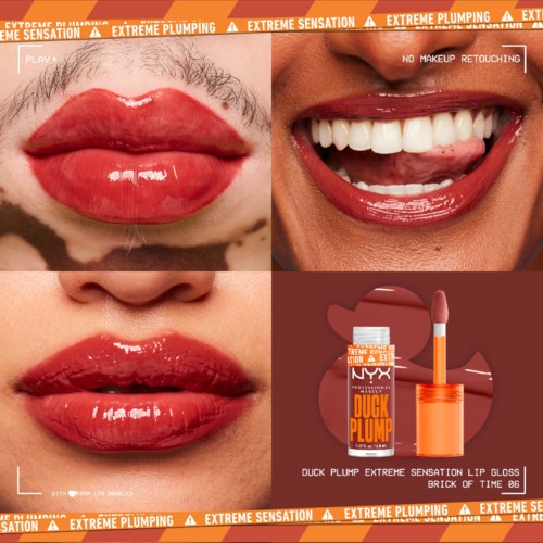 Bilder von Lippen vor und nach dem Auftragen eines glänzenden Lippenstifts und einem Lipgloss namens Duck Plump.
