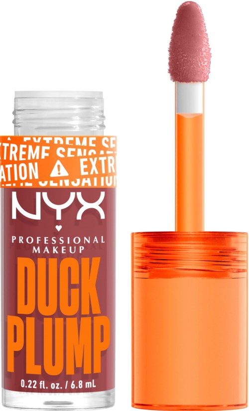 Lipgloss tube met roze applicator, gelabeld 'Duck Plump', make-up product in oranje en wit verpakking.