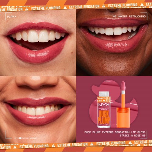 Two smiling mouths, one with natural lips and one with lip gloss, and a lip gloss product called 'Duck Plump'.
