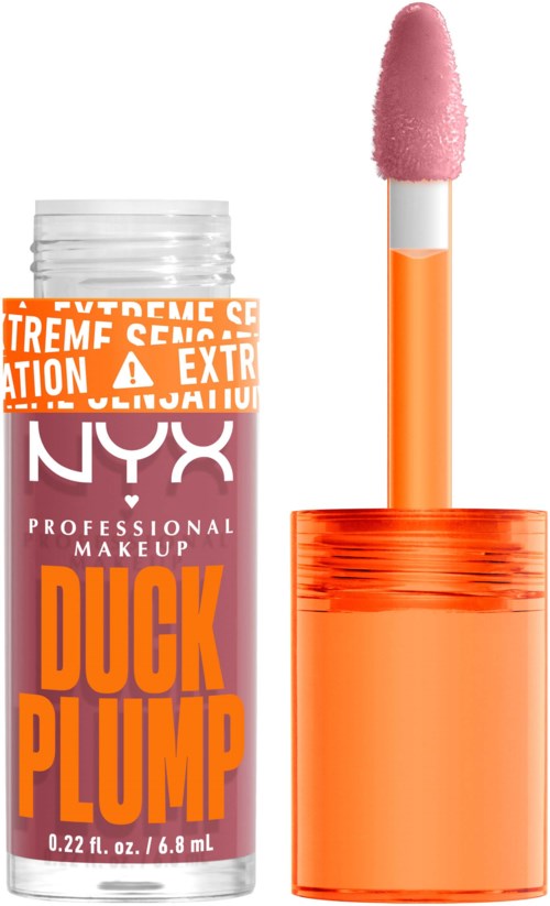 Läppglans med rosa färg och orange förpackning, märkt NYX professionell makeup Duck Plump, innehåller applicerare.