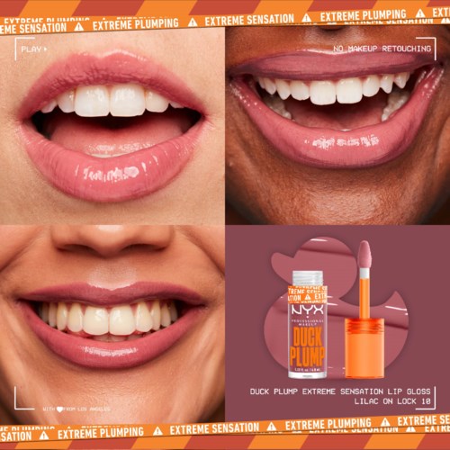 En collage med leende munnar, läppglans och en läppstiftstift med orange fodral. Text nämner "Extreme Plumping".