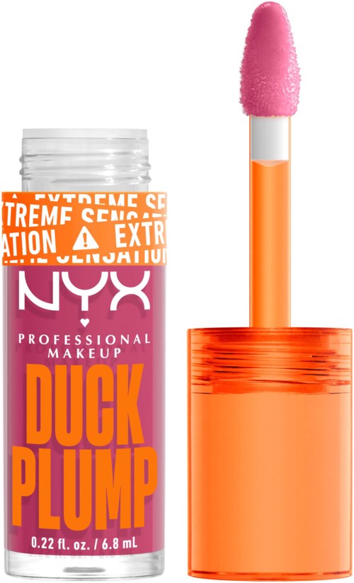 Lippenpflegestift mit rosa Schwamm-Applikator und orangefarbenem Deckel, NYX Duck Plump mit Warnetikett an der Seite.