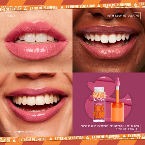 Drei lachende Frauen zeigen Lippen mit verschiedenen Pink-Tönen. Ein Lipgloss und Applikator sind abgebildet.