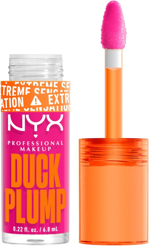 Ein LippenGLoss-Röhre mit orangefarbenem Deckel und pinkem Schwämmchen-Applikator. Beschriftung sagt 'Duck Plump'.