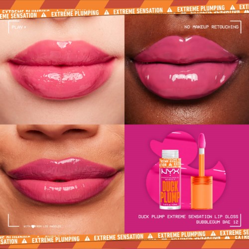Zwei Modelle zeigen glänzende, hellrosa Lippen mit bunter, lebendiger Hintergrund und Lippenstiftprodukt.