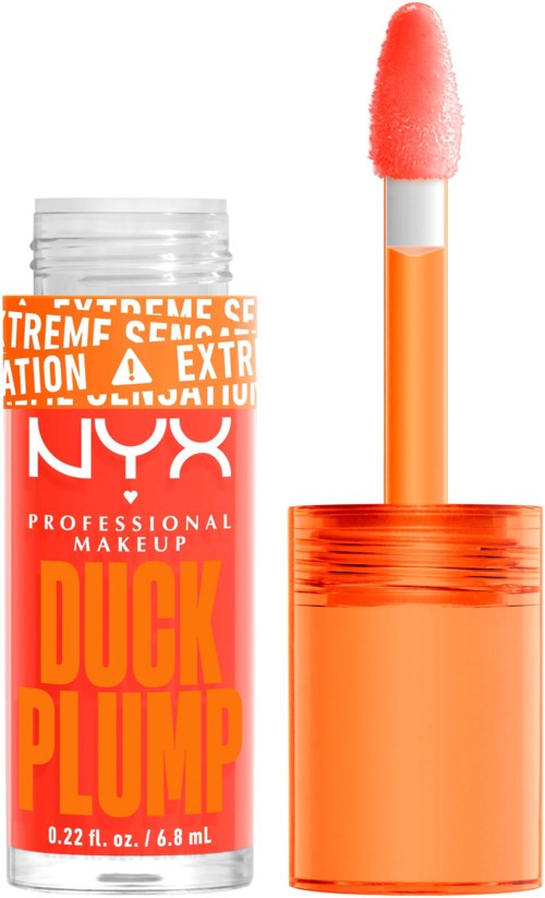 Ljusorange läppglans med svampapplikator. Flaskan har texten "Duck Plump" och "NYX" för makeup.