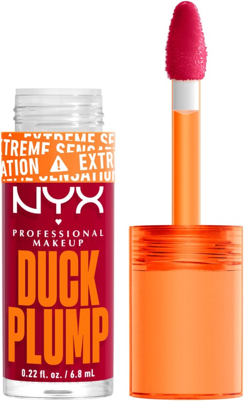 Ein NYX Lipgloss-Röhrchen mit Bezeichnung "Duck Plump" und pinkem Schwammapplikator.