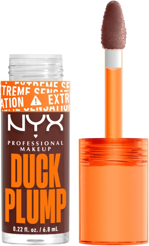 Eine Flasche NYX Duck Plump Lipgloss mit Applikatorstab, der pinken Farbton zeigt.