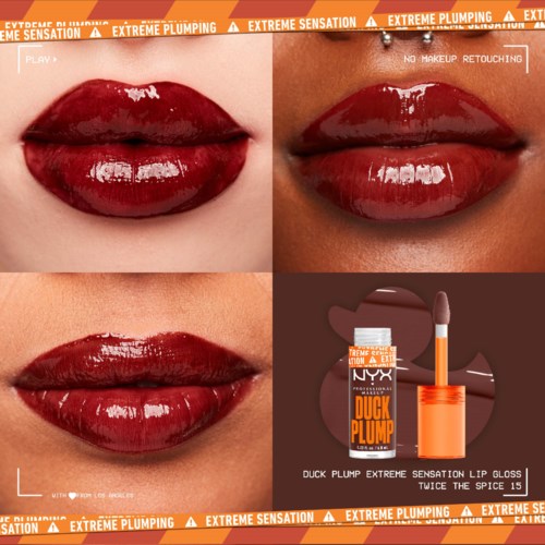 Zwei Nahaufnahmen von Lippen mit dunkelrotem, glänzendem Lippenstift und einer Lipgloss-Flasche mit "Duck Plump".