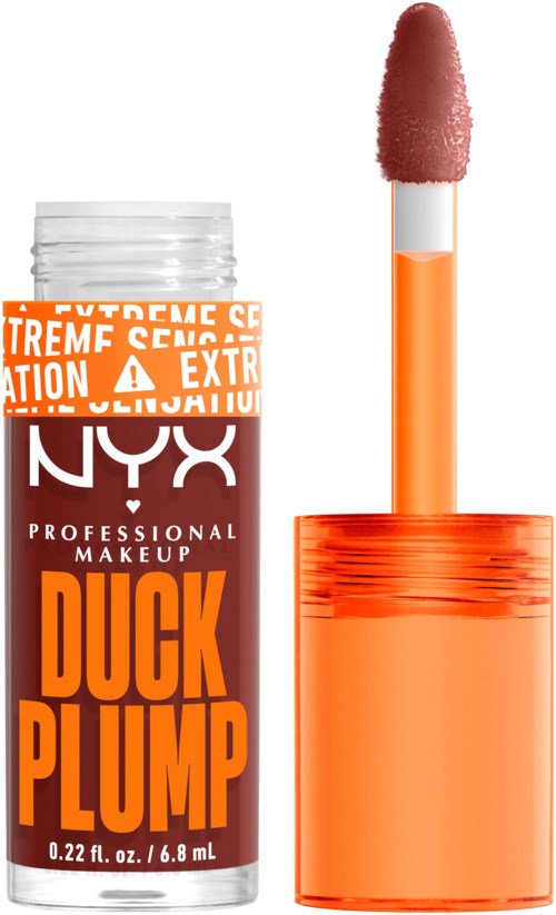 Kleine transparente Flasche mit orange-weißer Etikette und einem pfirsichfarbenen Applikator mit Flaumspitze.