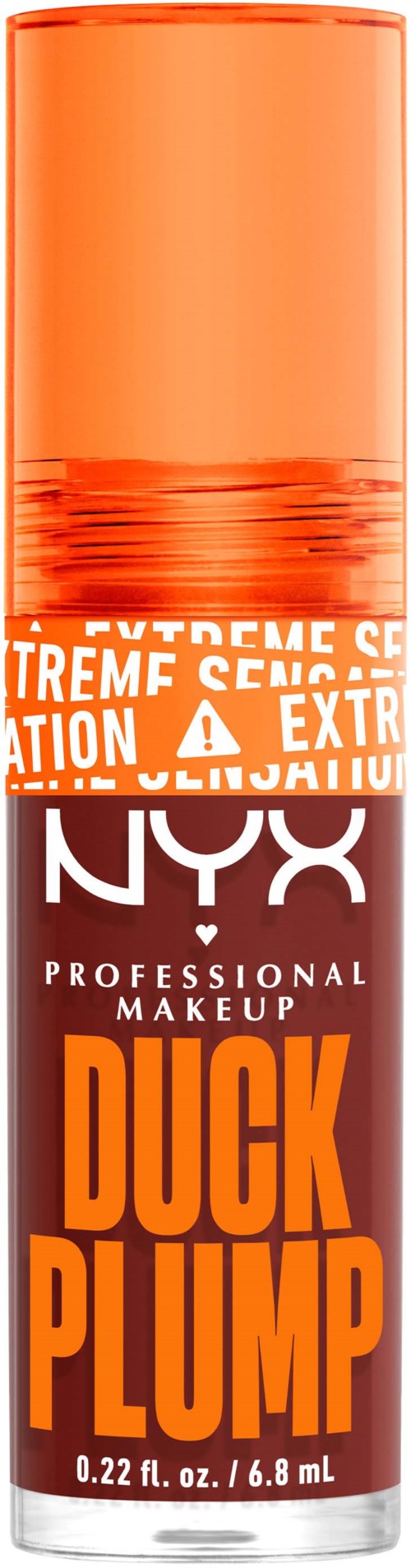 Ein Lipgloss-Roller mit der Aufschrift 'NYX Professional Makeup Duck Plump' in Orange und Weiß.