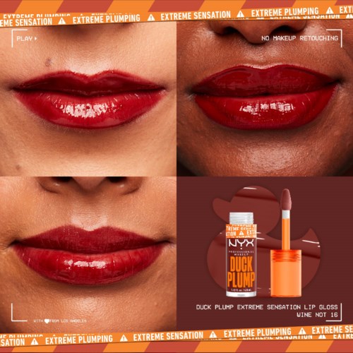 Four images showing lips with bold red lipstick, a lip gloss product, and makeup application close-up.