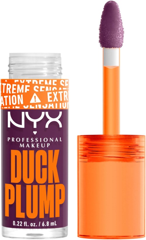 Läppglans med en lila svampapplikator och en ljusorange flaska. Röret är märkt 'NYX Duck Pump' med säkerhetsvarning.