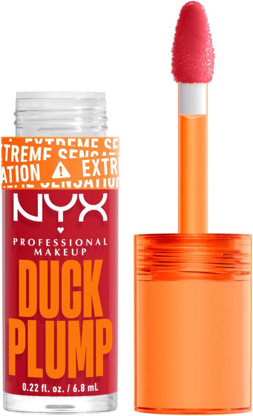 Lip gloss with orange container and fuzzy applicator, labeled 'Duck Plump' by NYX, in a white background.