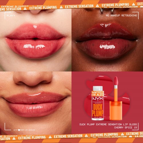 Comparison of lips before and after using a lip gloss for a plump look, shown with a branded product image.
